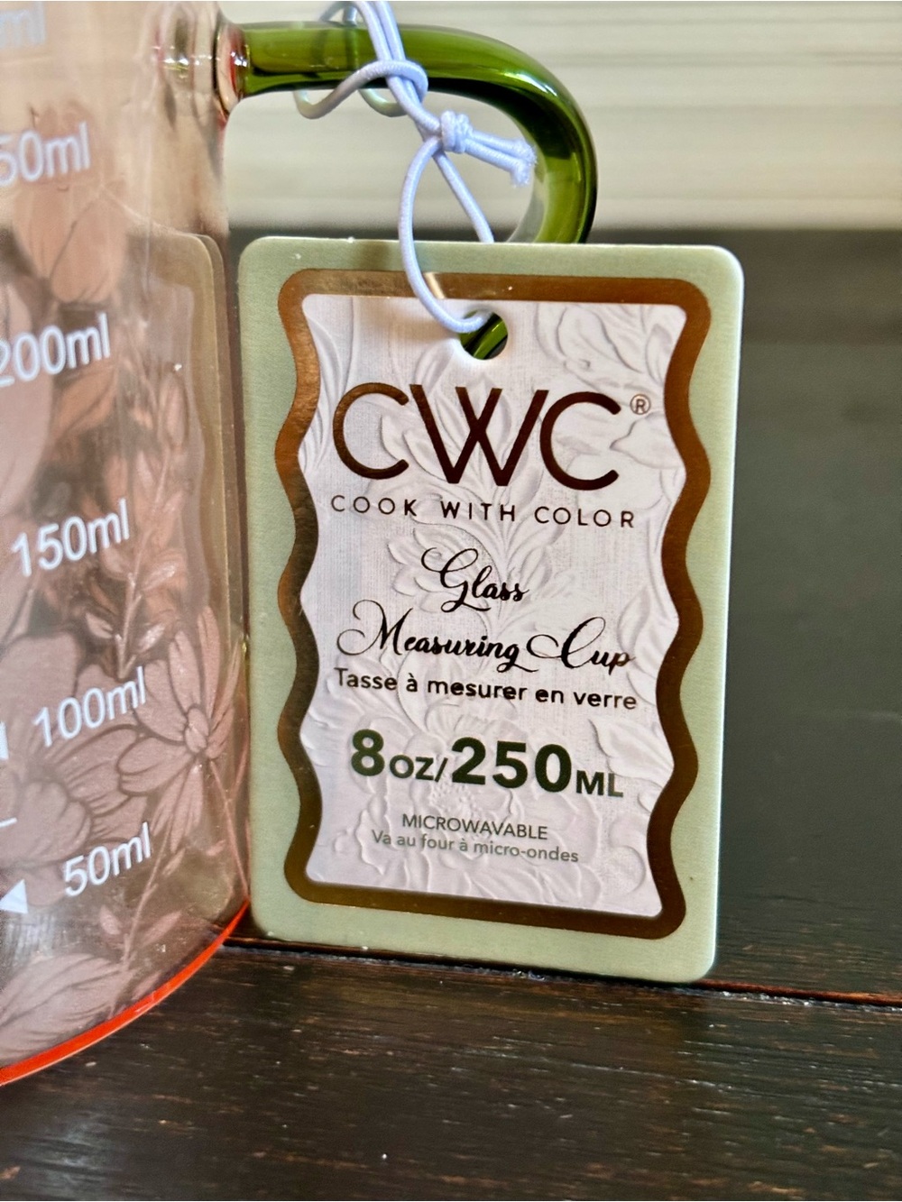 CWC Cook With Color 8oz Glass Pink Floral Measuring Cup Green Handle NEW - Picture 6 of 6